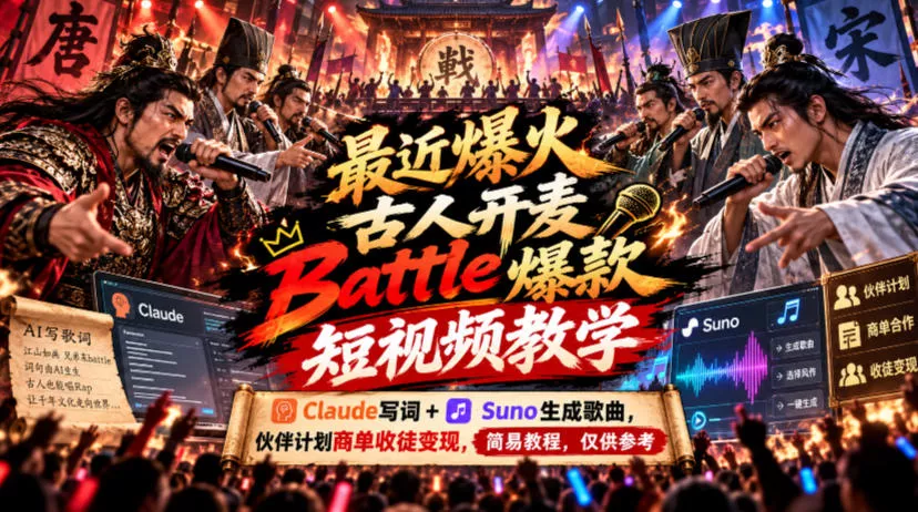 最近爆火古人开麦Battle爆款短视频教学，Claude写词+Suno生成歌曲，伙伴计划商单收徒变现，简易教程，仅供参考 一点学习助手-零基础自学教程-副业项目-兴趣学习-网盘拉新平台-英语启蒙项目资源网