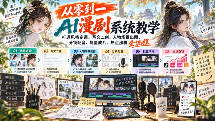 从零到一AI漫剧系统教学，打通风格定调、写文二创、人物场景出图、分镜配音、批量成片、热点涨粉全流程 一点学习助手-零基础自学教程-副业项目-兴趣学习-网盘拉新平台-英语启蒙项目资源网