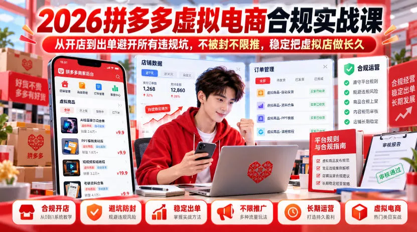 2026拼多多虚拟电商合规实战课，从开店到出单避开所有违规坑，不被封不限推，稳定把虚拟店做长久 一点学习助手-零基础自学教程-副业项目-兴趣学习-网盘拉新平台-英语启蒙项目资源网