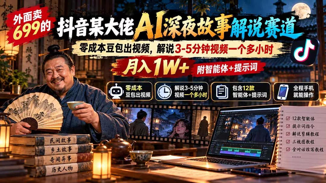 外面卖699的抖音某大佬AI深夜故事解说赛道：零成本豆包出视频，解说3-5分钟视频一个多小时，月入1W+附智能体+提示词 一点学习助手-零基础自学教程-副业项目-兴趣学习-网盘拉新平台-英语启蒙项目资源网