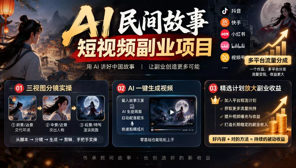 AI民间故事短视频副业项目，多平台流量分成，三视图分镜实操，精选计划放大副业收益 一点学习助手-零基础自学教程-副业项目-兴趣学习-网盘拉新平台-英语启蒙项目资源网