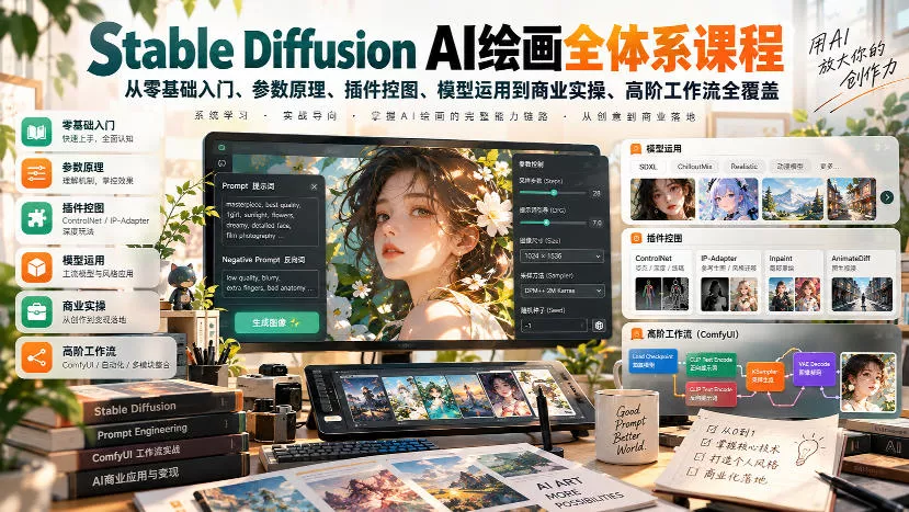 【无水印】Stable Diffusion AI绘画全体系课程，从零基础入门、参数原理、插件控图、模型运用到商业实操、高阶工作流全覆盖 一点学习助手-零基础自学教程-副业项目-兴趣学习-网盘拉新平台-英语启蒙项目资源网