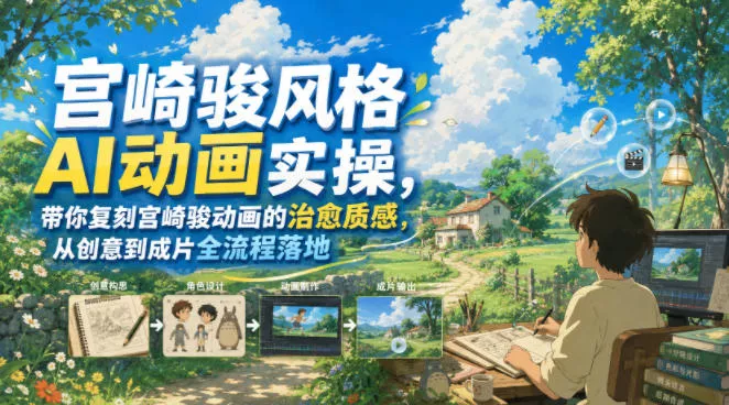 宫崎骏风格AI动画实操，带你复刻宫崎骏动画的治愈质感，从创意到成片全流程落地 一点学习助手-零基础自学教程-副业项目-兴趣学习-网盘拉新平台-英语启蒙项目资源网