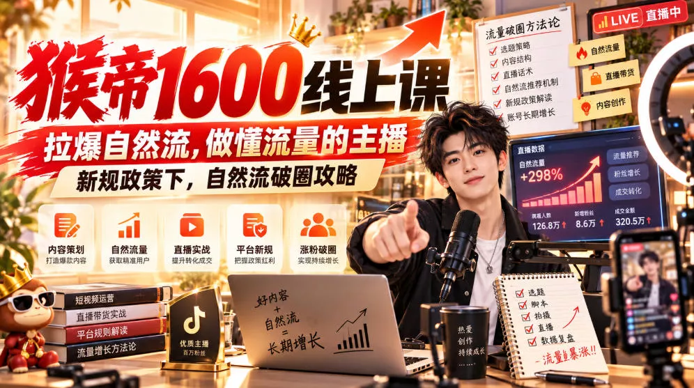 猴帝1600线上课，拉爆自然流，做懂流量的主播，新规政策下，自然流破圈攻略【更新260926】 一点学习助手-零基础自学教程-副业项目-兴趣学习-网盘拉新平台-英语启蒙项目资源网