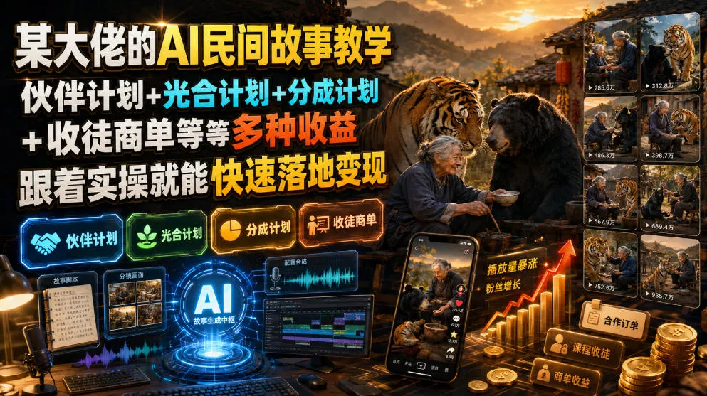 某大佬的AI民间故事教学，伙伴计划+光合计划+分成计划+收徒商单等多种收益，跟着实操就能快速落地变现 一点学习助手-零基础自学教程-副业项目-兴趣学习-网盘拉新平台-英语启蒙项目资源网