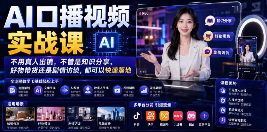 AI口播视频实战课，不用真人出镜，不管是知识分享、好物带货还是剧情访谈，都可以快速落地 一点学习助手-零基础自学教程-副业项目-兴趣学习-网盘拉新平台-英语启蒙项目资源网