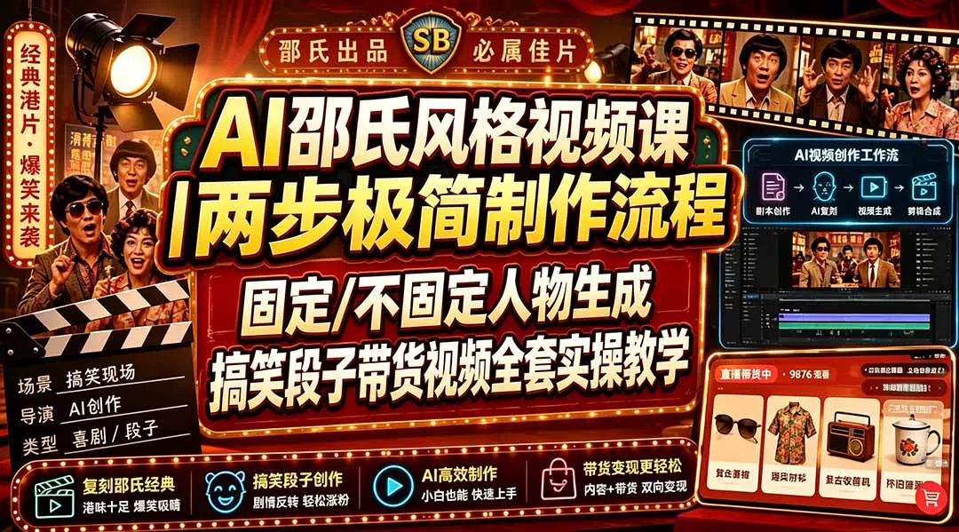 AI邵氏风格视频课｜两步极简制作流程，固定/不固定人物生成，搞笑段子带货视频全套实操教学 一点学习助手-零基础自学教程-副业项目-兴趣学习-网盘拉新平台-英语启蒙项目资源网