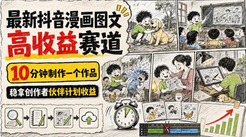 最新抖音漫画图文高收益赛道，10分钟制作一个作品，稳拿创作者伙伴计划收益 一点学习助手-零基础自学教程-副业项目-兴趣学习-网盘拉新平台-英语启蒙项目资源网