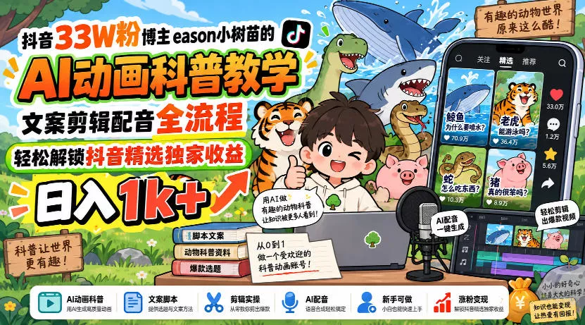 抖音33W粉博主eason小树苗的AI动画科普教学，文案剪辑配音全流程，轻松解锁抖音精选独家收益，日入1k+ 一点学习助手-零基础自学教程-副业项目-兴趣学习-网盘拉新平台-英语启蒙项目资源网