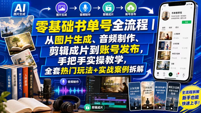 零基础书单号全流程｜从图片生成、音频制作、剪辑成片到账号发布，手把手实操教学，全套热门玩法+实战案例拆解 一点学习助手-零基础自学教程-副业项目-兴趣学习-网盘拉新平台-英语启蒙项目资源网