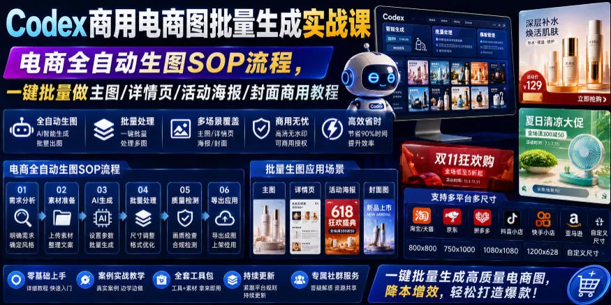 Codex商用电商图批量生成实战课｜电商全自动生图SOP流程，一键批量做主图/详情页/活动海报/封面商用教程 一点学习助手-零基础自学教程-副业项目-兴趣学习-网盘拉新平台-英语启蒙项目资源网