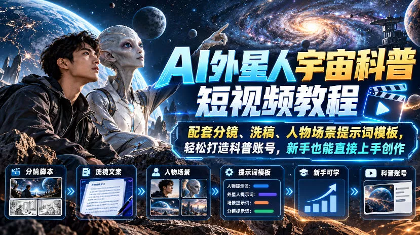 AI外星人宇宙科普短视频教程，配套分镜、洗稿、人物场景提示词模板，轻松打造科普账号，新手也能直接上手创作 一点学习助手-零基础自学教程-副业项目-兴趣学习-网盘拉新平台-英语启蒙项目资源网