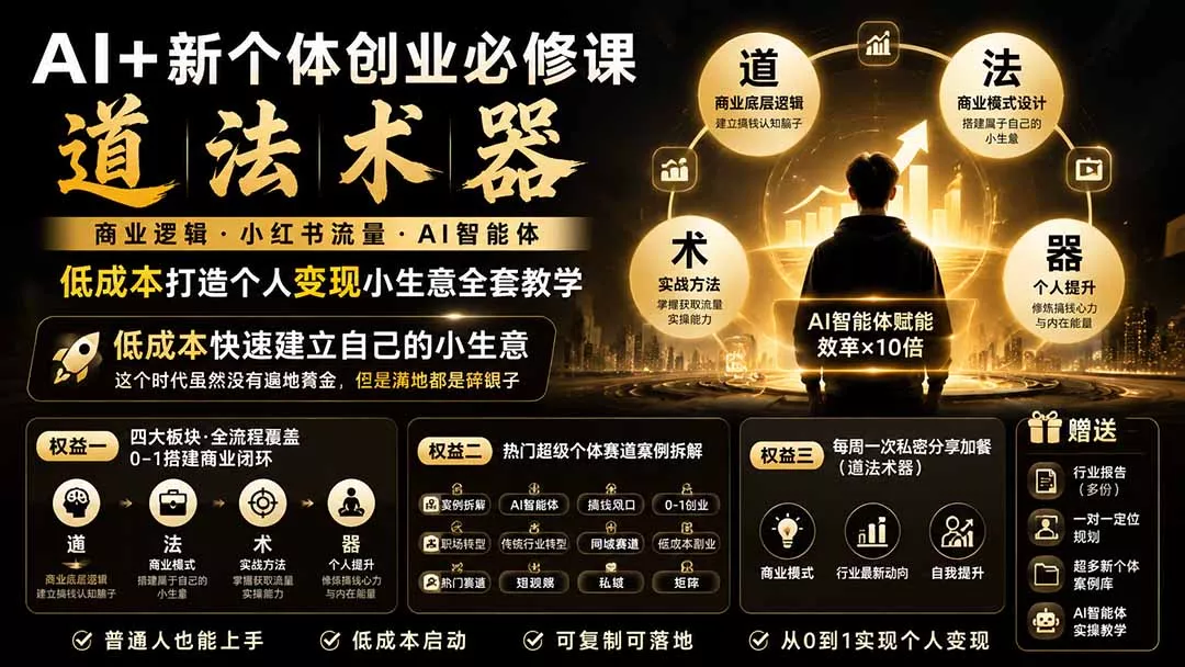AI+新个体创业必修课-更新0922｜道法术器｜商业逻辑·小红书流量·AI智能体｜低成本打造个人变现小生意全套教学 一点学习助手-零基础自学教程-副业项目-兴趣学习-网盘拉新平台-英语启蒙项目资源网