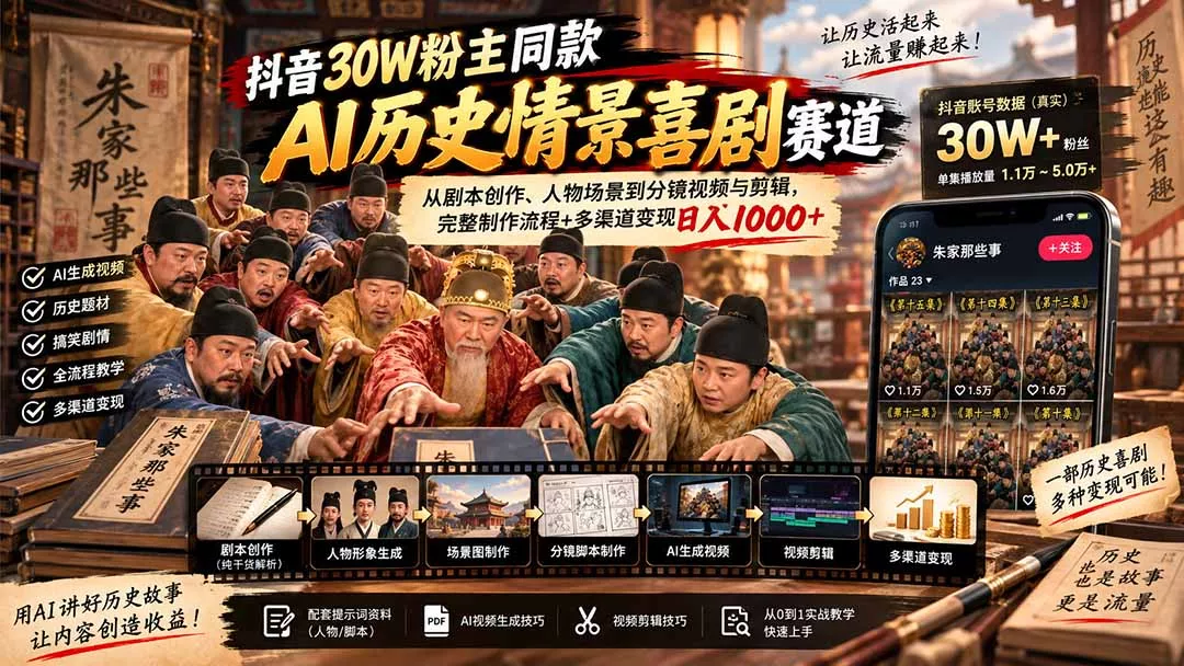 抖音30W粉博主同款AI历史情景喜剧赛道：从剧本创作、人物场景到分镜视频与剪辑，完整制作流程+多渠道变现日入1000+ 一点学习助手-零基础自学教程-副业项目-兴趣学习-网盘拉新平台-英语启蒙项目资源网