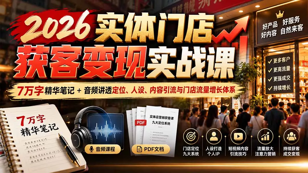 2026实体门店获客变现实战课：7万字精华笔记+音频讲透定位、人设、内容引流与门店流量增长体系 一点学习助手-零基础自学教程-副业项目-兴趣学习-网盘拉新平台-英语启蒙项目资源网