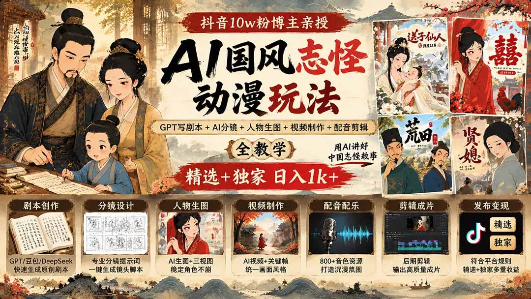 抖音10w粉博主亲授AI国风志怪动漫玩法｜GPT写剧本+AI分镜+人物生图+视频制作+配音剪辑全教学｜精选+独家日入1k+ 一点学习助手-零基础自学教程-副业项目-兴趣学习-网盘拉新平台-英语启蒙项目资源网