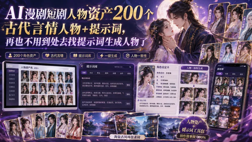 AI漫剧短剧人物资产200个古代言情人物+提示词，再也不用到处去找提示词生成人物了 一点学习助手-零基础自学教程-副业项目-兴趣学习-网盘拉新平台-英语启蒙项目资源网