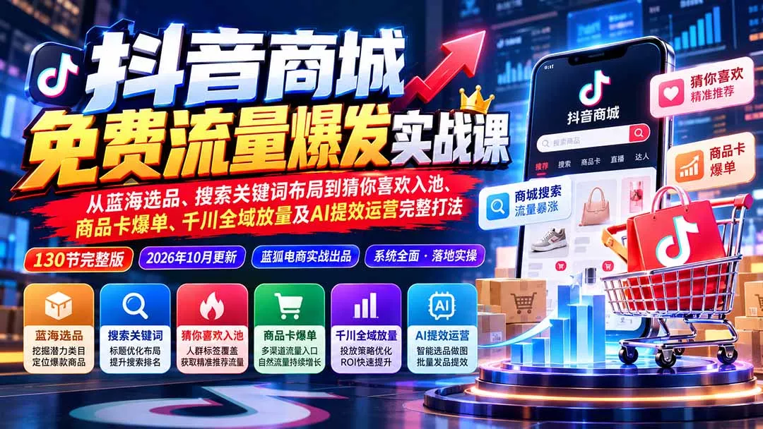 抖音商城免费流量爆发实战：从蓝海选品、搜索关键词布局到猜你喜欢入池、商品卡爆单、千川全域放量及AI提效完整打法 一点学习助手-零基础自学教程-副业项目-兴趣学习-网盘拉新平台-英语启蒙项目资源网