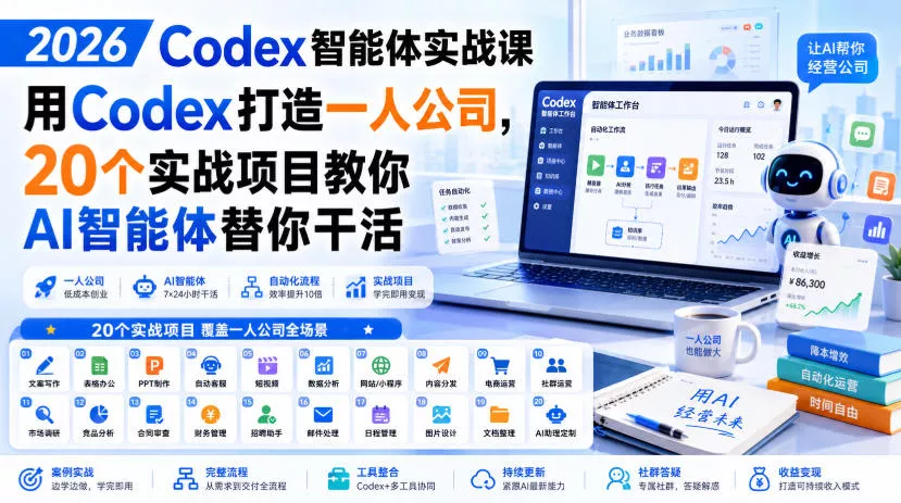 2026 Codex智能体实战课，用Codex打造一人公司，20个实战项目教你AI智能体替你干活 一点学习助手-零基础自学教程-副业项目-兴趣学习-网盘拉新平台-英语启蒙项目资源网