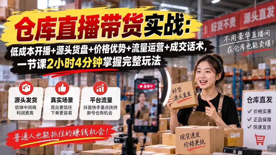 仓库直播带货实战：低成本开播+源头货盘+价格优势+流量运营+成交话术，一节课2小时4分钟掌握完整玩法 一点学习助手-零基础自学教程-副业项目-兴趣学习-网盘拉新平台-英语启蒙项目资源网
