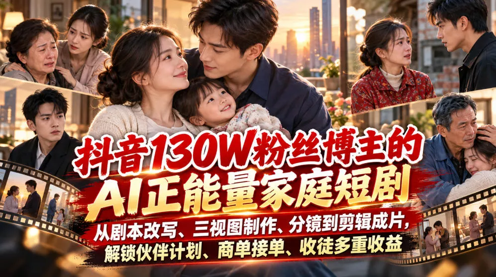 抖音130W粉丝博主的AI正能量家庭短剧，从剧本改写、三视图制作、分镜到剪辑成片，解锁伙伴计划、商单接单、收徒多重收益 一点学习助手-零基础自学教程-副业项目-兴趣学习-网盘拉新平台-英语启蒙项目资源网