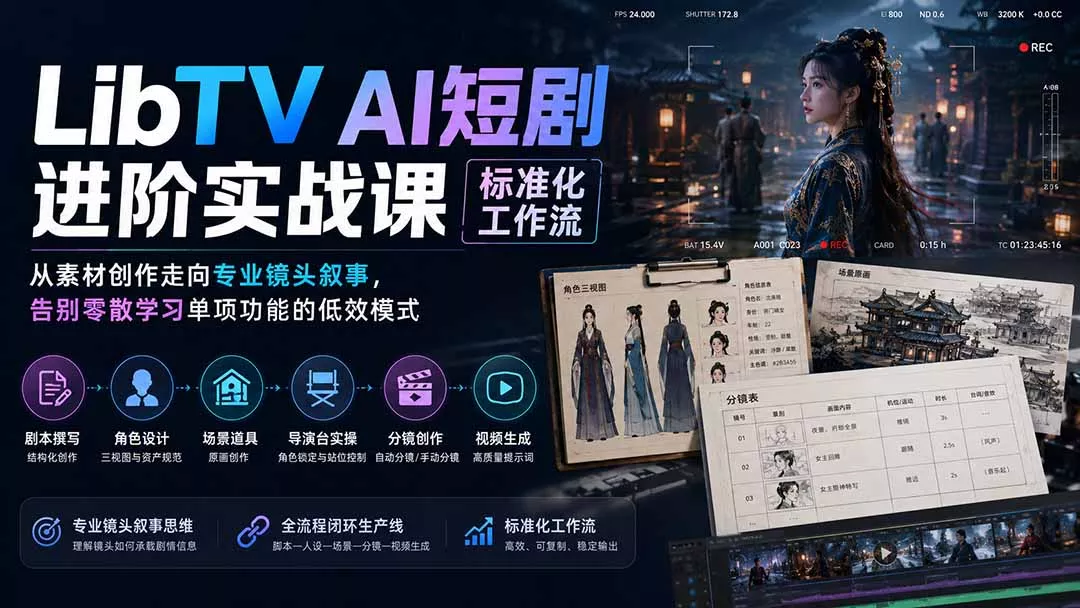 LibTV AI短剧进阶实操课标准化工作流；从素材创作走向专业镜头叙事，告别零散学习单项功能的低效模式 一点学习助手-零基础自学教程-副业项目-兴趣学习-网盘拉新平台-英语启蒙项目资源网