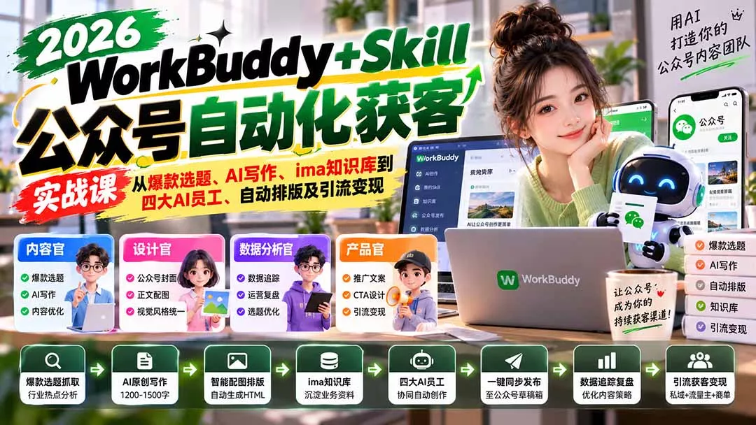 WorkBuddy + Skill公众号自动化获客实战课：从爆款选题、AI写作、ima知识库到四大AI员工、自动排版及引流变现 一点学习助手-零基础自学教程-副业项目-兴趣学习-网盘拉新平台-英语启蒙项目资源网