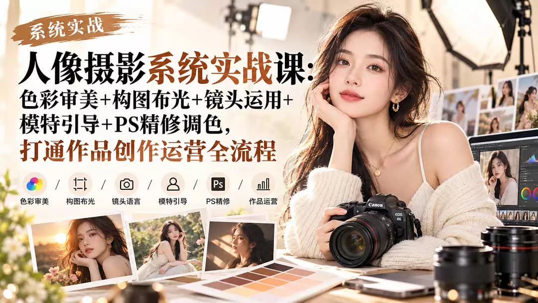 【无水印】人像摄影系统实战课：色彩审美+构图布光+镜头运用+模特引导+PS精修调色，打通作品创作运营全流程 一点学习助手-零基础自学教程-副业项目-兴趣学习-网盘拉新平台-英语启蒙项目资源网