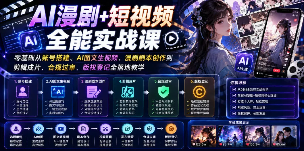 AI漫剧+短视频全能实战课｜零基础从账号搭建、AI图文生视频、漫剧剧本创作到剪辑成片、合规过审、版权登记全落地教学 一点学习助手-零基础自学教程-副业项目-兴趣学习-网盘拉新平台-英语启蒙项目资源网