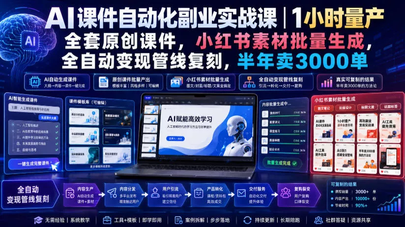 AI课件自动化副业实战课｜1小时量产全套原创课件，小红书素材批量生成，全自动变现管线复刻，半年卖3000单 一点学习助手-零基础自学教程-副业项目-兴趣学习-网盘拉新平台-英语启蒙项目资源网