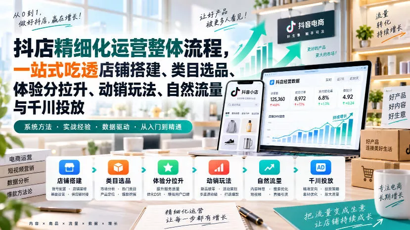 李哥电商-抖店精细化运营整体流程，一站式吃透店铺搭建、类目选品、体验分拉升、动销玩法、自然流量与千川投放 一点学习助手-零基础自学教程-副业项目-兴趣学习-网盘拉新平台-英语启蒙项目资源网