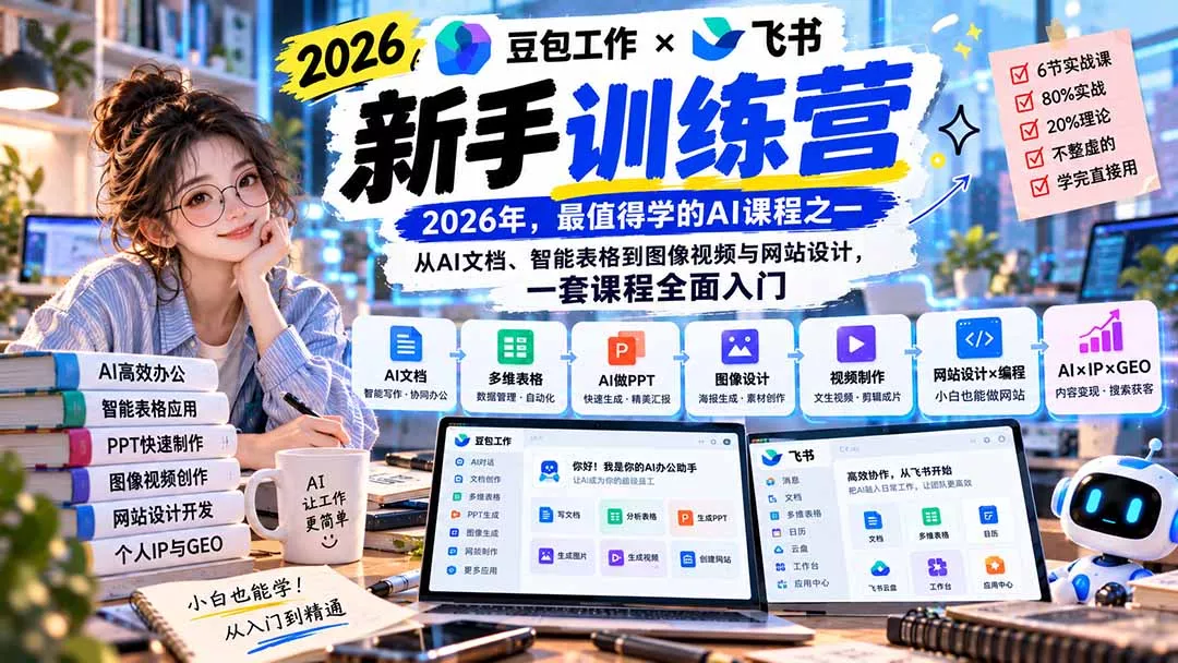 2026豆包工作+飞书新手训练营-9月新课：从AI文档、智能表格到图像视频与网站设计，一套课程全面入门 一点学习助手-零基础自学教程-副业项目-兴趣学习-网盘拉新平台-英语启蒙项目资源网