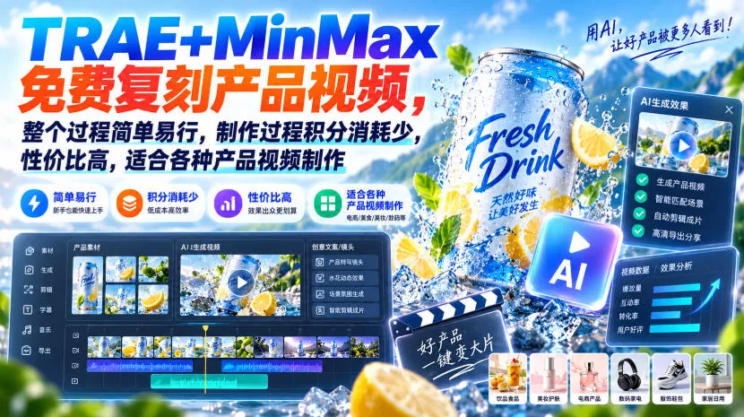 TRAE+MinMax免费复刻产品视频，整个过程简单易行，制作过程积分消耗少，性价比高，适合各种产品视频制作 一点学习助手-零基础自学教程-副业项目-兴趣学习-网盘拉新平台-英语启蒙项目资源网
