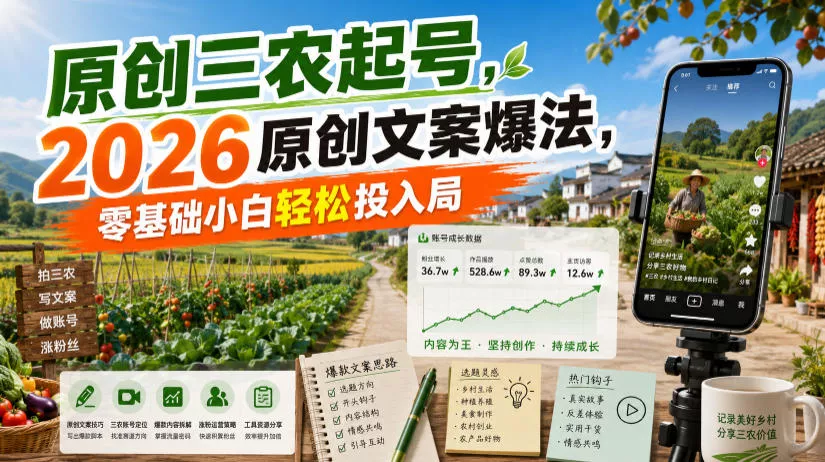 原创三农起号，2026原创文案爆法，零基础小白轻松投入局 一点学习助手-零基础自学教程-副业项目-兴趣学习-网盘拉新平台-英语启蒙项目资源网
