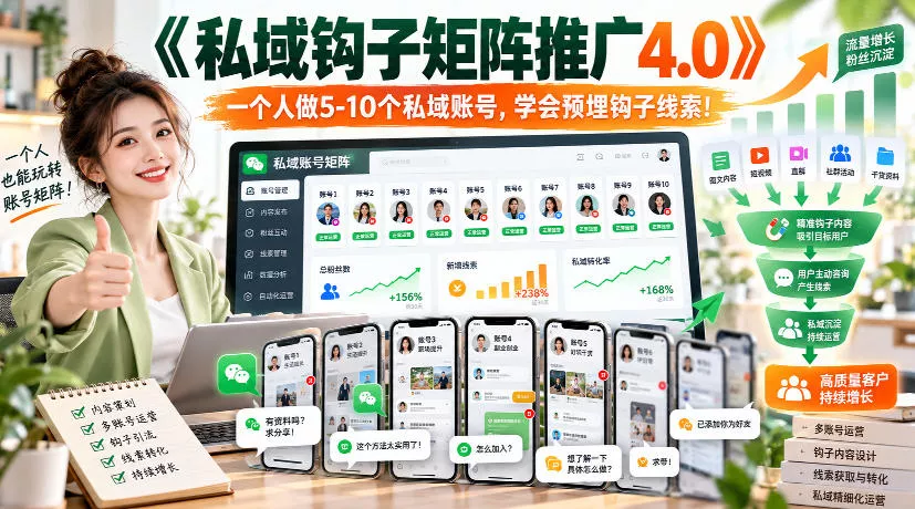 【无水印】《私域钩子矩阵推广4.0》一个人做5-10个私域账号，学会预埋钩子线索！ 一点学习助手-零基础自学教程-副业项目-兴趣学习-网盘拉新平台-英语启蒙项目资源网