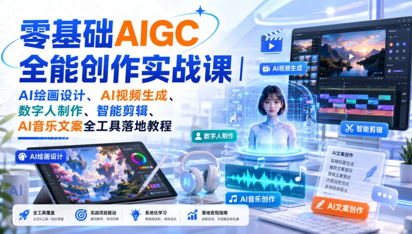 零基础AIGC全能创作实战课｜AI绘画设计、AI视频生成、数字人制作、智能剪辑、AI音乐文案全工具落地教程 一点学习助手-零基础自学教程-副业项目-兴趣学习-网盘拉新平台-英语启蒙项目资源网