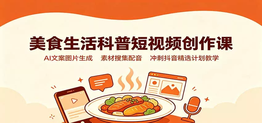 美食生活科普短视频创作课：AI文案图片生成，素材搜集配音，冲刺抖音精选计划教学 一点学习助手-零基础自学教程-副业项目-兴趣学习-网盘拉新平台-英语启蒙项目资源网