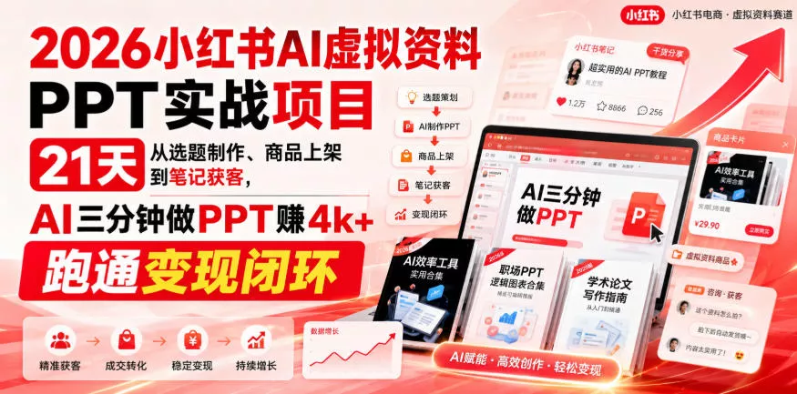 2026小红书AI虚拟资料PPT实战项目，21天从选题制作、商品上架到笔记获客，AI三分钟做PPT赚4k+跑通变现闭环 一点学习助手-零基础自学教程-副业项目-兴趣学习-网盘拉新平台-英语启蒙项目资源网
