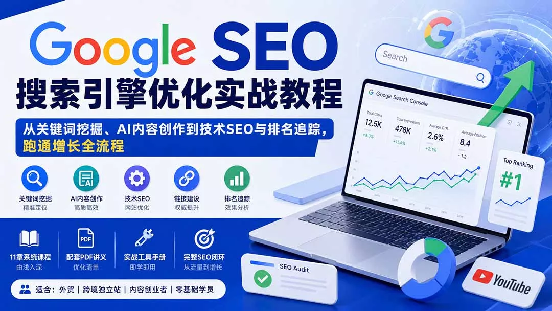 Google SEO搜索引擎优化实战教程：从关键词挖掘、AI内容创作到技术SEO与排名追踪，跑通增长全流程 一点学习助手-零基础自学教程-副业项目-兴趣学习-网盘拉新平台-英语启蒙项目资源网