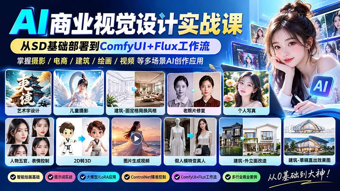 【无水印】AI商业视觉设计实战课：从SD基础部署到ComfyUI+Flux工作流，掌握摄影电商建筑AI创作 一点学习助手-零基础自学教程-副业项目-兴趣学习-网盘拉新平台-英语启蒙项目资源网