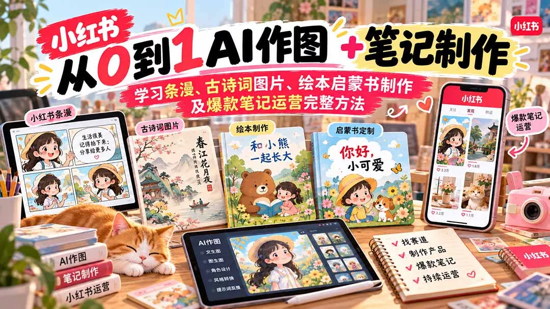 2026小红书AI内容创作从0到1：学习条漫、古诗词图片、绘本启蒙书制作及爆款笔记运营完整方法 一点学习助手-零基础自学教程-副业项目-兴趣学习-网盘拉新平台-英语启蒙项目资源网