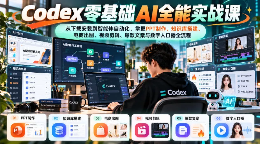 Codex零基础AI全能实战课：从下载安装到智能体自动化，掌握知识库搭建、电商出图、视频剪辑、爆款文案与数字人口播全流程 一点学习助手-零基础自学教程-副业项目-兴趣学习-网盘拉新平台-英语启蒙项目资源网