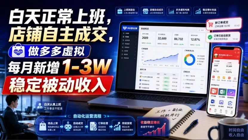 白天正常上班，店铺自主成交，做多多虚拟每月新增1-3W稳定被动收入【揭秘】 一点学习助手-零基础自学教程-副业项目-兴趣学习-网盘拉新平台-英语启蒙项目资源网