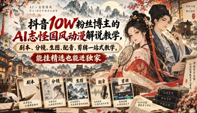 抖音10W粉丝博主满堂诡事的AI志怪国风动漫解说教学，剧本、分镜、生图、配音、剪辑一站式教学，能挂精选也能进独家 一点学习助手-零基础自学教程-副业项目-兴趣学习-网盘拉新平台-英语启蒙项目资源网