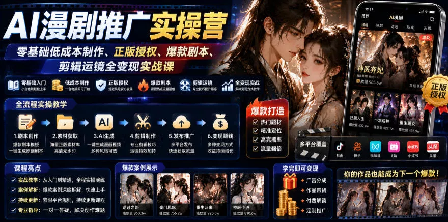 AI漫剧推广实操营｜零基础低成本制作、正版授权、爆款剧本、剪辑运镜全变现实战课 一点学习助手-零基础自学教程-副业项目-兴趣学习-网盘拉新平台-英语启蒙项目资源网