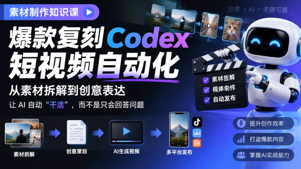 素材制作知识课，爆款复刻Codex短视频自动化，从素材拆解到创意表达，让AI自动“干活”，而不是只会回答问题 一点学习助手-零基础自学教程-副业项目-兴趣学习-网盘拉新平台-英语启蒙项目资源网