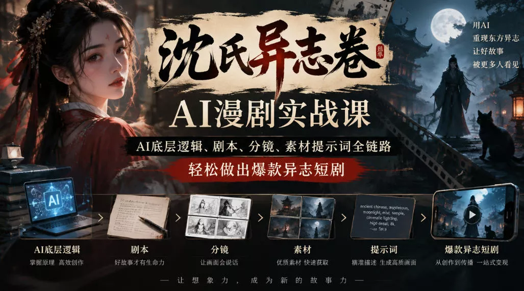沈氏异志卷AI漫剧实战课｜AI底层逻辑、剧本、分镜、素材提示词全链路，轻松做出爆款异志短剧 一点学习助手-零基础自学教程-副业项目-兴趣学习-网盘拉新平台-英语启蒙项目资源网