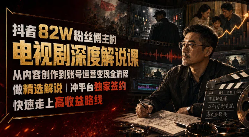 抖音82W粉丝博主的电视剧深度解说课，从内容创作到账号运营变现全流程，做精选解说，冲平台独家签约，快速走上高收益路线 一点学习助手-零基础自学教程-副业项目-兴趣学习-网盘拉新平台-英语启蒙项目资源网