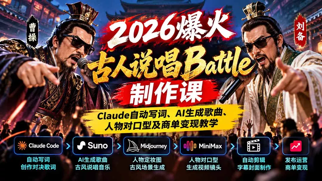 2026爆火古人说唱Battle制作课：Claude自动写词、AI生成歌曲、人物对口型及商单变现教学 一点学习助手-零基础自学教程-副业项目-兴趣学习-网盘拉新平台-英语启蒙项目资源网