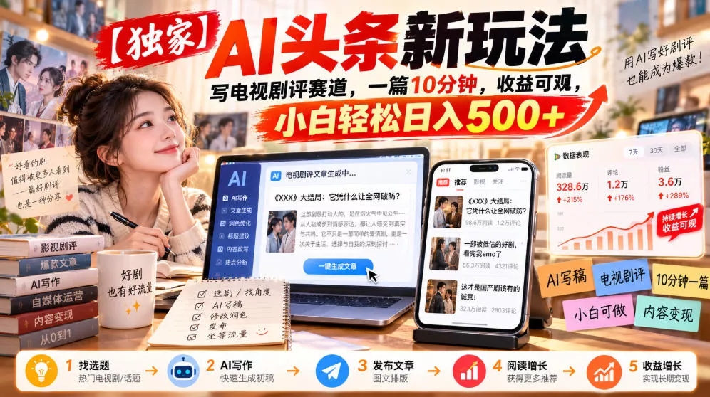 【独家】AI头条新玩法，写电视剧评赛道，一篇10分钟，收益可观，小白轻松日入500+ 一点学习助手-零基础自学教程-副业项目-兴趣学习-网盘拉新平台-英语启蒙项目资源网